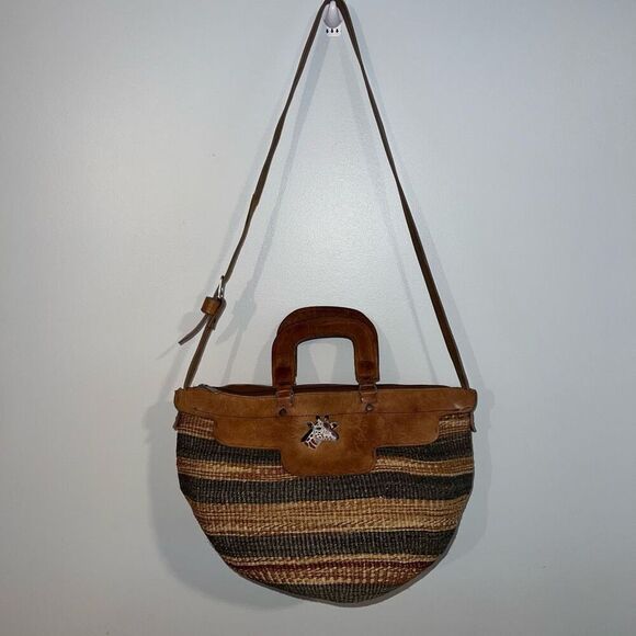 Vintage African Sisal Market Woven Bag Leather Handles & Strap Painted Giraffe - Picture 3 of 11
